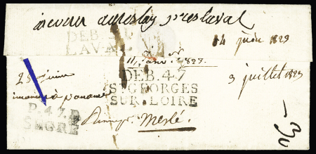 MP noire "Deb 47 St Georges sur Loire" (1823) + "P 47 P Segré" + "Deb 51 Laval",ind 20 + ind 17. Belle association rare