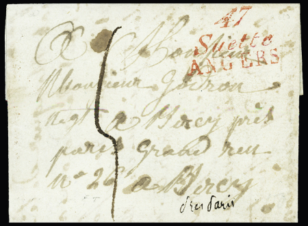 Cursive rouge "47 Suette Angers" (1820), ind 20. TB