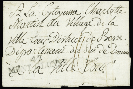 Nom révolutionnaire : "47 Mont Glonne" (anciennement Saint-Florent) (1793 - 54 x 12mm). RRR et TB, ind 28, certificat Chevalier