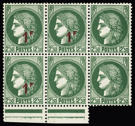 N°488, 1F sur 2F50 vert, 3 timbres surchargés tenant