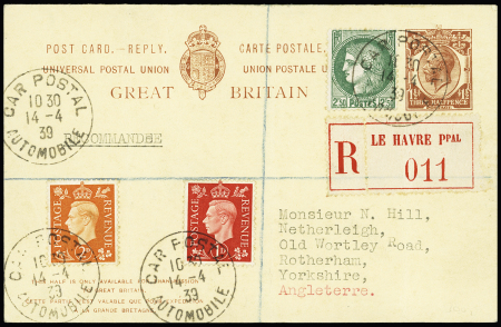 N°375 en mixte sur entier carte postale recommandée de Grande-Bretagne OBL CAD "Car postal automobile" (14.4.39 - Le Havre). Rare et TB
