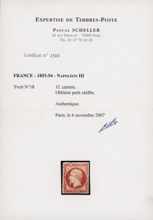 N°18 1f carmin, obl. PC légère, TB. Signé Calves,