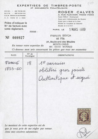 N°18 1f carmin, obl gros points, TB. Certificat Calves