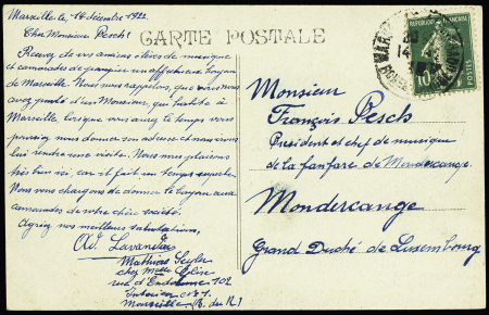 n°159 OBL Marseille (1922) sur carte postale pour Mondercange (tarif spécial Luxembourg du 6.10.1920). TB