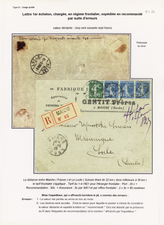 n°159 + 140 en bande de 3 OBL Maiche Doubs (1925) sur lettre recommandée au tarif frontalier pour Le Locle (Suisse). TB