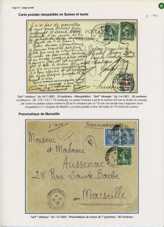4 plis : CP pour la Suisse taxée. Rare pneumatique de Marseille AFF n°159 + 140 en paire OBL Marseille-Bourse (1923) et 2 CP de la Samaritaine et du Bon Marché AFF timbre de roulette n°159. Bel ensemble