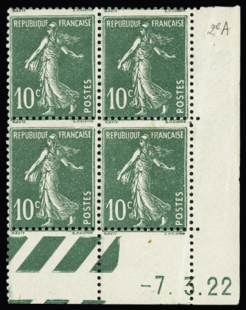 n°159, bloc de 4 coin daté 7.3.1922 (2ème jour d'impression des timbres français par rotative avec coin datée. TB