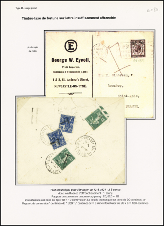 GB n°181 OBL Newcastle (1929) sur lettre pour Saint Malo avec taxation de fortune à l'arrivée par n°159, 2 pièces + 257, 50c Jeanne d'Arc, 2 pièces, avec surcharges "T" manuelles. TB