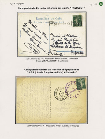 4 plis divers AFF n°159 dont n°159 OBL grande griffe "Paquebot" de La Havane et n°159 OBL cachet violet"Service télégraphique AFR le vaguemestre" + CAD "Trésor et postes 3" (1923 - Düsseldorf occupé en Allemagne)