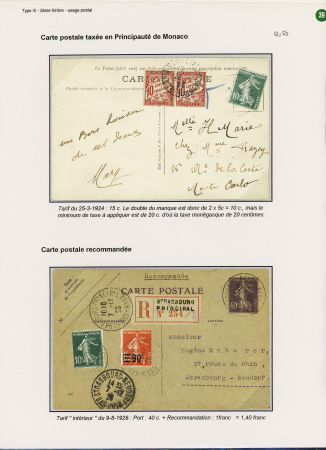 n°159 OBL Saint-Cloud (1925) sur carte postale avec Monaco timbre-taxe n°3 en paire OBL Monte-Carlo et entier carte postale 40c Semeuse violet avec n°159 + 227 en complément OBL Strasbourg (1926). TB