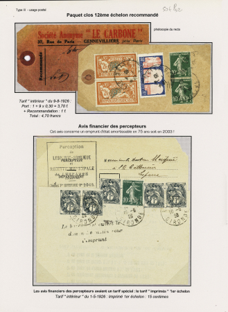4 plis avec AFF divers à base du n°159 : 12c (n°108 + 159) 13c (n°109 + 159), 4F70 (étiquette de paquet clos 12e échelon recommandé), 15c (avis de percepteur AFF n°107A, 5 pièces + n°159). TB