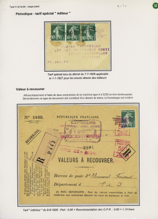 4 plis divers à base du n°159, dont complément par empreinte de machine à affranchir, 3 pièces annulées grande griffe noire "périodique" sur bande pour Bruxelles - n°159 annulé par 2 EMA à 50c sur env. de valeu
