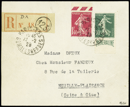 n°188A, Minéraline + n°196 OBL Paris 123 (1929) sur lettre recommandée, on ne connait que quelques plis AFF avec le 10c Minéraline. Signé Calves. TB