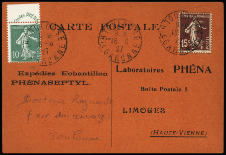 n°188, 10c Phéna + n°189 OBL Toulouse (18.6.27) sur carte postale orange de demande d'échantillon Phénaseptyl. TB