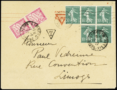 n°188B, bloc de 5 timbres Phéna OBL Limoges (12.5.1927) sur lettre avec timbre-taxe n°32 en paire. RR et TB