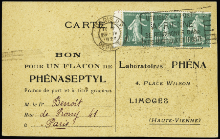 n°188B, bande de 3 provenance Phéna OBL Paris RP (25.4.27) sur carte postale réponse bulle "Bon pour flacon de Phénaseptyl". RR et TB