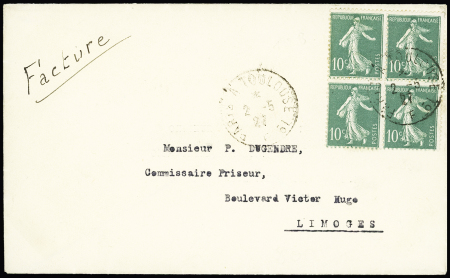 n°188B, 10c vert Phéna sans bandelette en bloc de 4 CAD ambulant "Paris à Toulouse 1°" (2.5.27) sur lettre au tarif facture du 9.8.1926 à 40c. TB