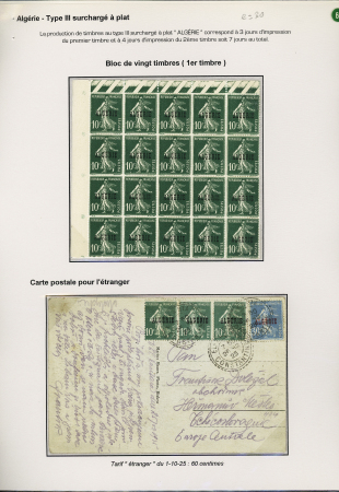 Algérie n°8, 10c vert, 4 plis + bloc de 20 neuf + 2 blocs de 4 avec coin daté (9.3.25 et 26.10.25) avec Levant n°31. TB