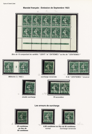 Syrie et Grand Liban - 3 pages d'exposition avec diverses variétés sur le 10c Semeuse vert : surcharge déplacée, renversée, double, pli accordéon etc, joli lot à voir. TB