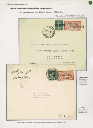 OMF Syrie n°86 : 4 cartes postales et 1 lettre + Grand Liban n°3 + 5 sur 2 cartes postales de Beyrouth pour Bruxelles. TB