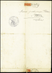 N°159 + 199 utilisés fiscalement sur un avertissement (19 mai 1927). Les timbres sont annulés par griffe noire "Ugine (Savoie)". Rare et TB