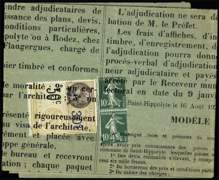 Affiche pour adjudication de travaux à Rouens (Aveyron) avec paire du n°159 + 2 timbres fiscaux à 30c annulés typographiquement - pièce exceptionnelle et unique à ce jour. TB