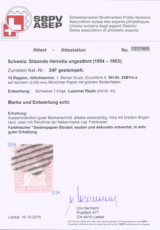 15Rp, rötlichkarmin, dünnes Papier, weissrandig mit