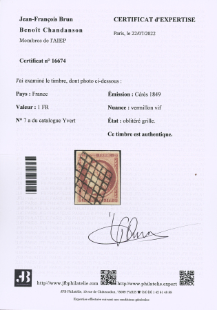 N°7, 1F VERMILLON VIF, belles marges équilibrées,