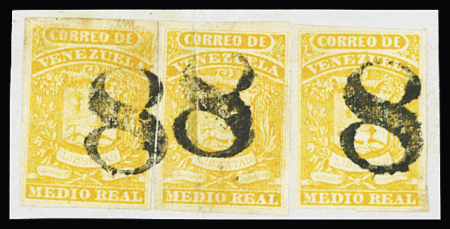1859 1/2r Orange, three examples, all with large margins,