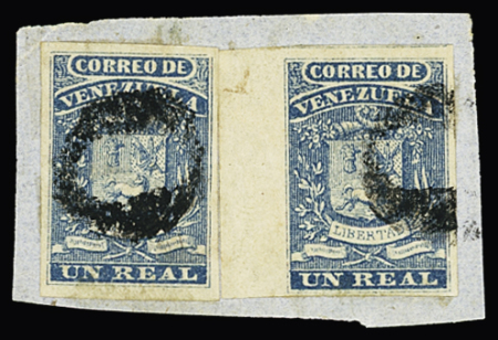 1859 1r Blue, five examples of which three are on two