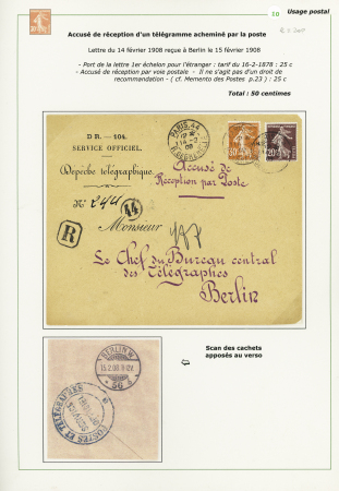 n°139 + 141 OBL Paris 44 R. de Grenelle (1908) sur env. recommandée à en-tête "D.R. 104 - service officiel Dépêche télégraphique" (accusé de réception de télégramme acheminé par la poste) pour Berlin. TB