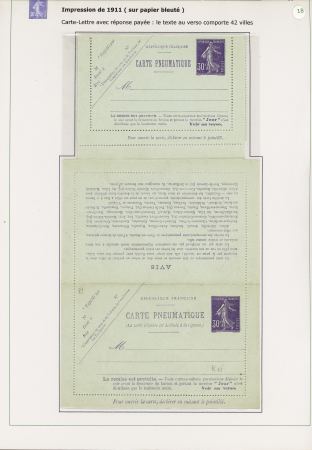 9 entiers pneumatiques neufs 30c Semeuse violet (cartes lettres et enveloppes dont une carte-lettre avec réponse payée). Bel ensemble très frais