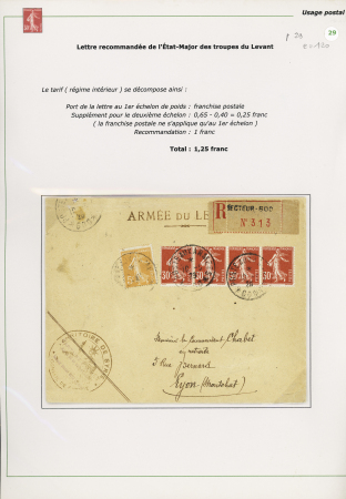 n°160, bande de 4 + n°158 OBL CAD "poste aux armées 600" (1929 - Beyrouth) sur lettre recommandée avec griffe "Armée du Levant" et cachet violet "territoire de Syrie conseil de guerre". TB