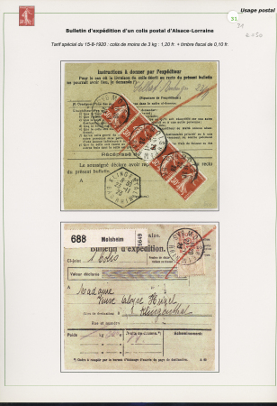n°160, bande de 4 interpanneau millésime 1 OBL hex "Klingental Bas Rhin" (1923) sur bulletin d'expédition d'un colis postal d'Alsace Lorraine avec au verso timbre fiscal à 10c OBL Molsheim. TB