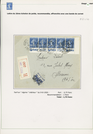 n°192, bloc de 10 extrait du carnet 192 C1 dont la bande supérieure de 5 timbres avec fort décalage du piquage vers le haut - on joint une bande horizontale de 5 du n°192 avec pub Gibbs sur une lettre recommandée. T