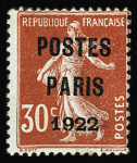 N°38 30c rouge Postes France 1922, signé A.Brun et préo n°32, 30c rouge Postes Paris 1922, gomme étendue sinon TB, cote 2650€