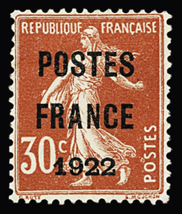 N°38 30c rouge Postes France 1922, signé A.Brun et préo n°32, 30c rouge Postes Paris 1922, gomme étendue sinon TB, cote 2650€