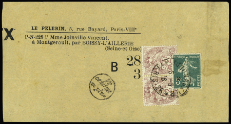 2 bandes AFF à 7c (n°108 + 158) et n°108, 2 pièces, n°137 OBL "Imprimés PP Paris 26" (1916) + marqueronde "1/2 centimes en plus". TB
