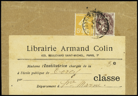 2 bandes AFF à 7c (n°108 + 158) et n°108, 2 pièces, n°137 OBL "Imprimés PP Paris 26" (1916) + marqueronde "1/2 centimes en plus". TB