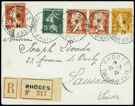 n°137 + 160 + 158 + 173 en paire OBL CAD pointillé "Rhodes Turquie d'Asie" (24.3.24) sur lettre recommandée pour Lausanne. RR et TB
