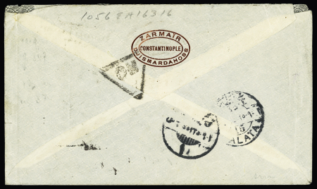 n°119, bande de 3 + n°137 OL CAD cachet rect noir "Armées alliées en orient poste aérienne" + CAD "tresor et postes 506" (11.8.19 - Constantinople) sur lettre pour Briey réexpédiée à Constantinople. TB