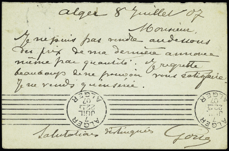 n°137 OBL boite urbaine "E" répétée à coté sur CP et entier CP réponse allemande Germania en mixte avec Frace n°137 OBL CAD "Alger Bourse" (1907) pour Metz et n°137, bande de 5 + paire OBL grand CAD hex à cercl