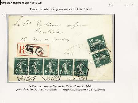 n°137 OBL boite urbaine "E" répétée à coté sur CP et entier CP réponse allemande Germania en mixte avec Frace n°137 OBL CAD "Alger Bourse" (1907) pour Metz et n°137, bande de 5 + paire OBL grand CAD hex à cercl