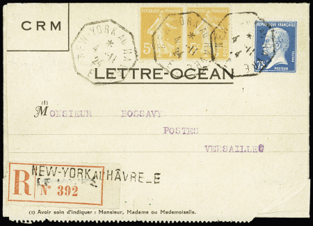 n°158 en paire + n°177 OBL CAD octogonal "New York au Havre E" (4.11.24) sur lettre-océan recommandée télégraphiée depuis le paquebot Rochambeau. TB