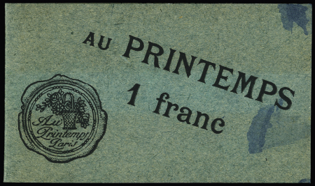 Carnet monnaie de necessité de 20 timbres n°137 avec couverture verdâtre "Au Printemps 1 franc". TB
