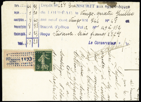 n°137 + timbre fiscal 20c sur un document notarial (1920). Très belle utilisation fiscale