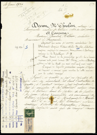 n°137 + timbre fiscal 20c sur un document notarial (1920). Très belle utilisation fiscale