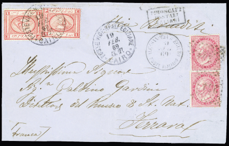 ITALY/EGYPT, 1869 (19 Feb.) Large part front of cover