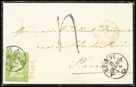 40Rp. grün, zwei Ausserkursbriefe von Genf nach Paris,