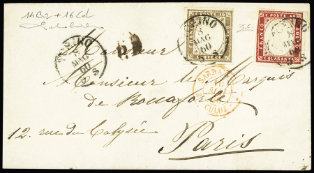 1855-58 10c lilac-brown and 40c carmine tied by TORINO